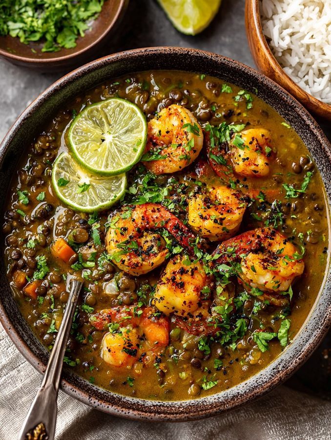 Lentil curry with shrimp and cod
