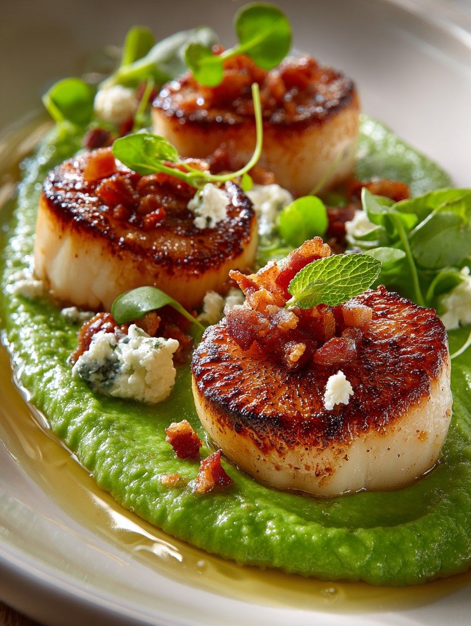 Seared scallops on pea purée with mint, from the book