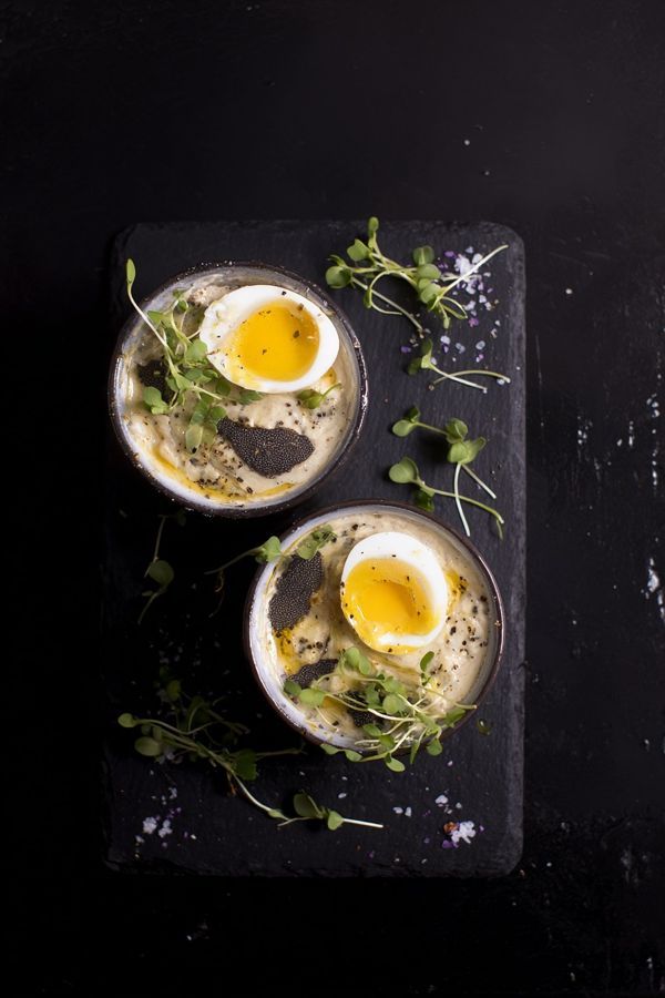 Tapenade cream with a quail egg
