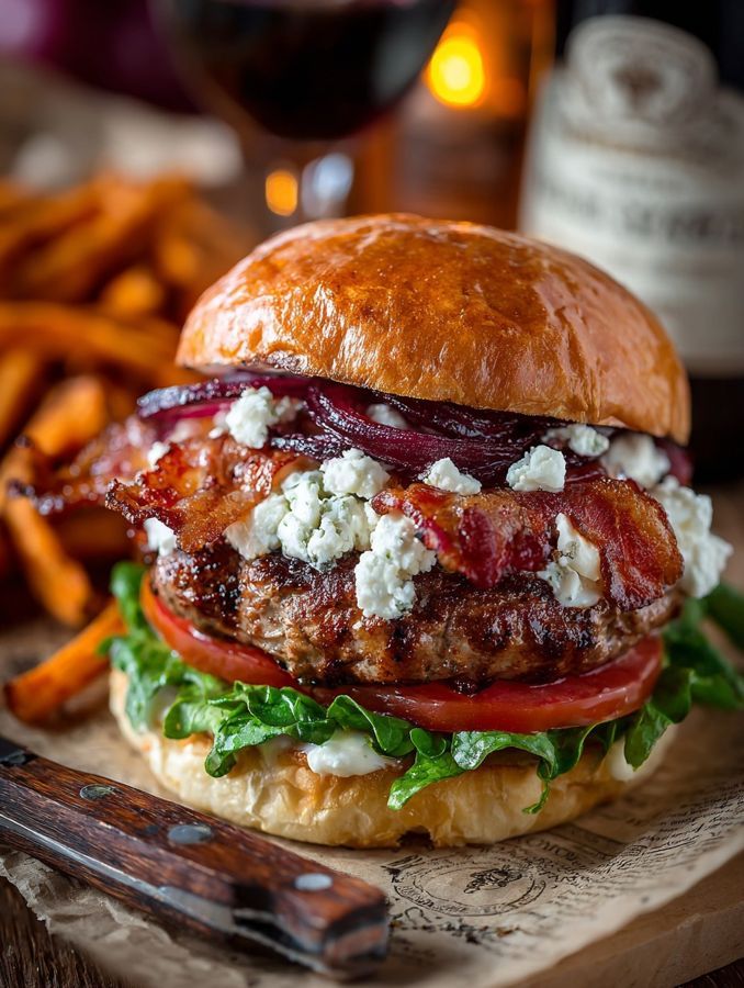 Burger with goat cheese and red onion